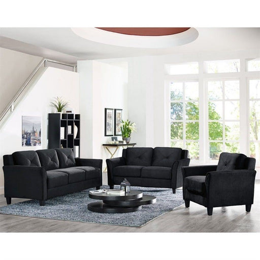 Hartford 3 Piece Living Room Microfiber Sofa Set in Black