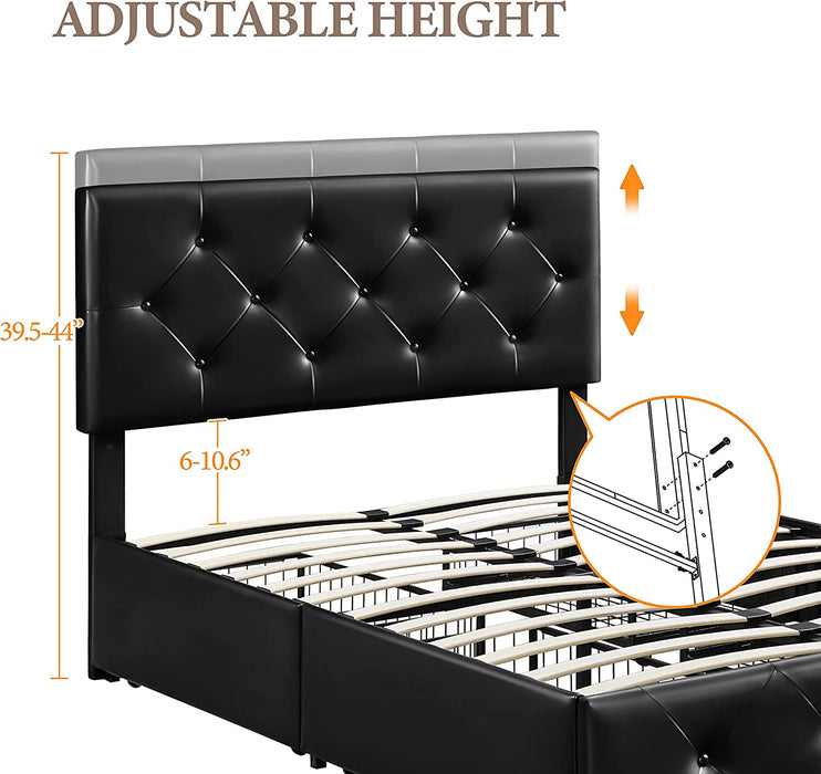 Black Full Size Upholstered Platform Bed with Drawers