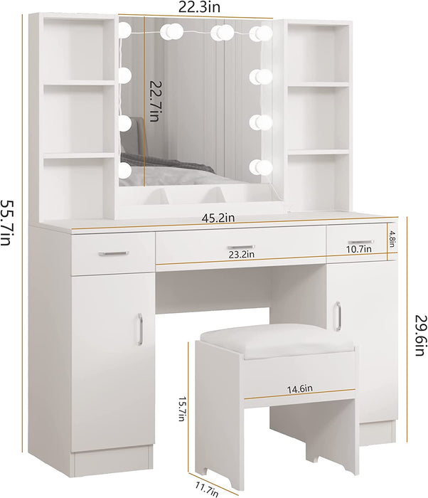 Makeup Vanity Desk with Lights, 3 Drawers, Shelves (White)