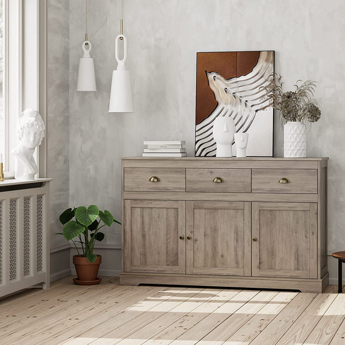 Farmhouse Buffet Server with Wine Cabinet and Drawers, Grey Wash