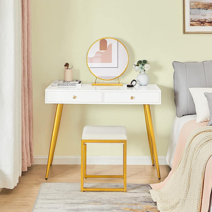 Glossy Top White and Gold 2-Drawer Vanity Desk