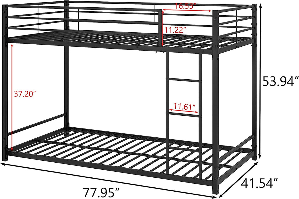Twin Metal Low Bunk Bed with Guard Rails and Ladder