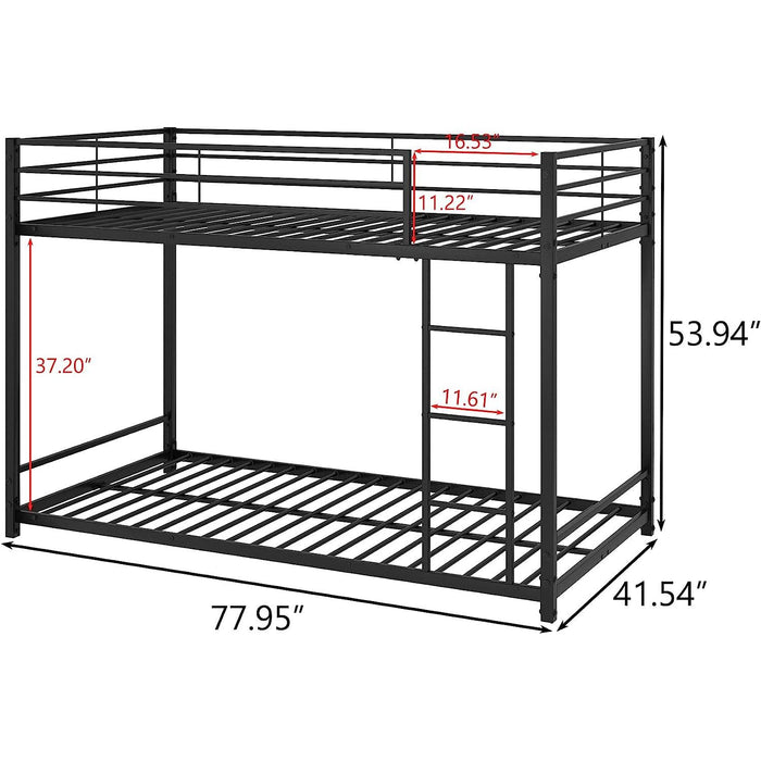 Twin Metal Low Bunk Bed with Guard Rails and Ladder