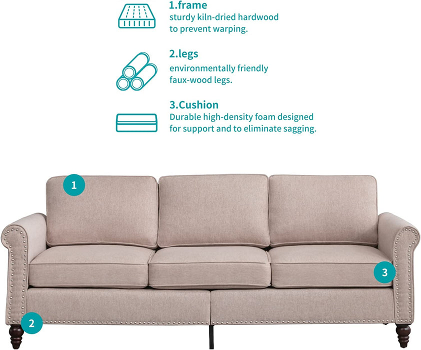 2 Piece Upholstered Living Room Sofa Set, Sectional Sofa Couch with Nailhead Trim, Furniture Sets Including 3-Seater Sofa and Loveseat for Apartment/Living Room/Bedroom/Office (Beige)