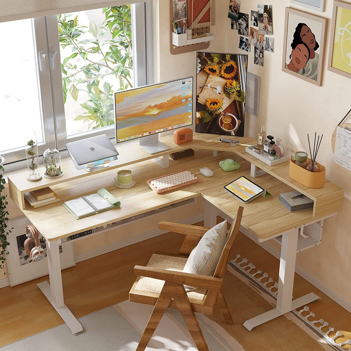 L-Shaped Standing Desk with Shelves, Triple Motors, Oak