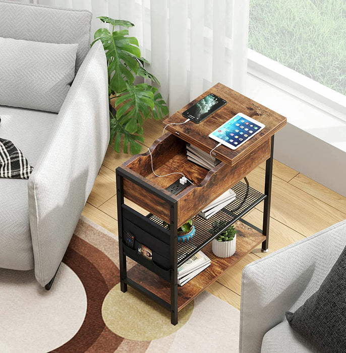 End Table with Charging Station Narrow Nightstand