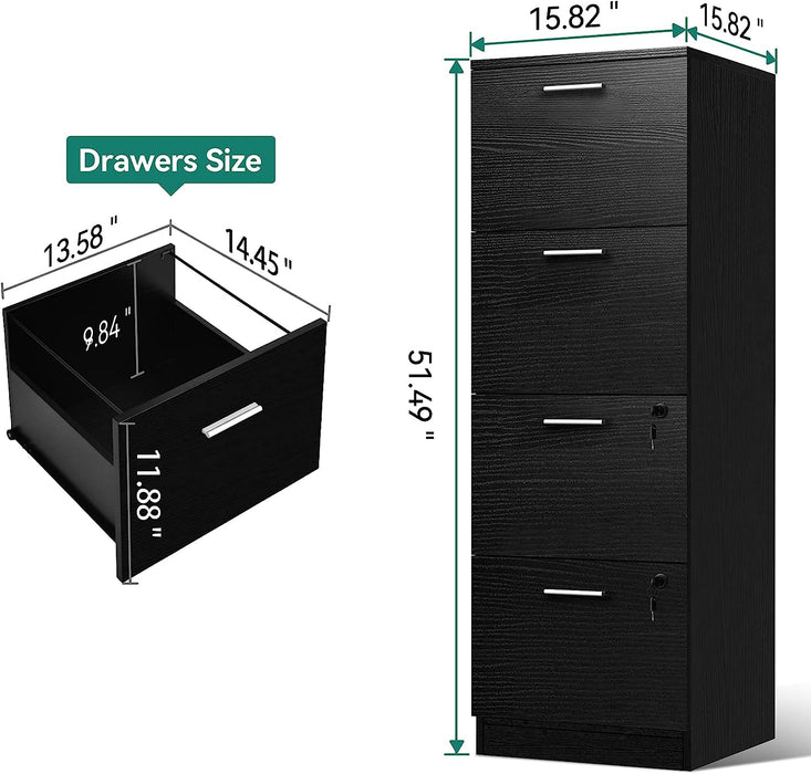 Black Vertical File Cabinet with Lock, 4-Drawer