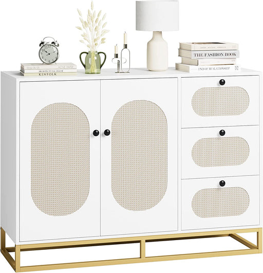White Rattan Dresser with 3 Drawers, Gold Accents
