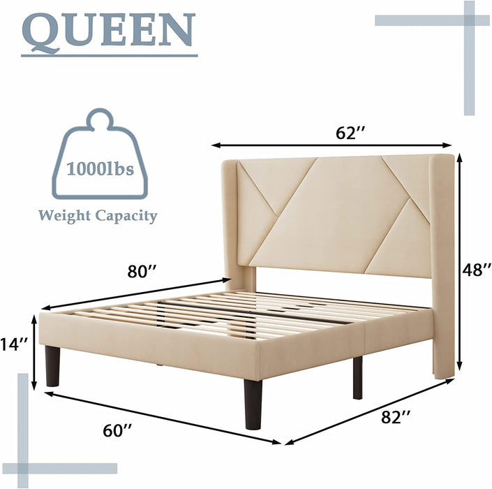 Beige Full Size Upholstered Platform Bed