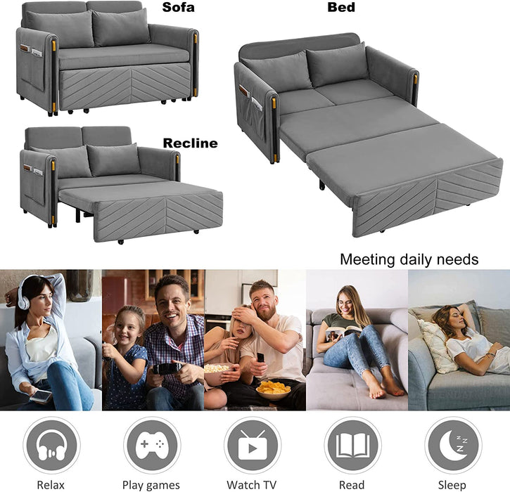 54″ Grey Convertible Sofa Bed with Arm Pockets