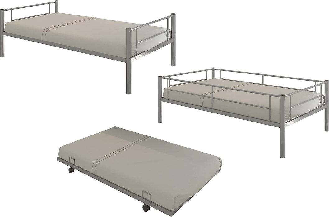 Twin over Twin Metal Bunk Bed with Trundle, Silver