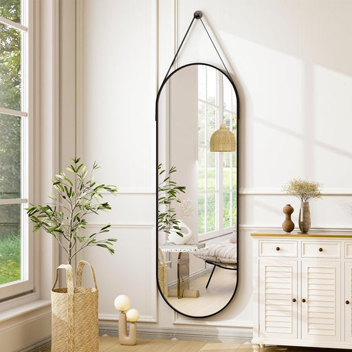16"X48" Oval Hanging Mirror with Leather Strap Full Length Mirror Aluminum Frame Wall-Mounted Hanging Mirrors for Bathroom Vanity Living Room Bedroom Entryway Decor