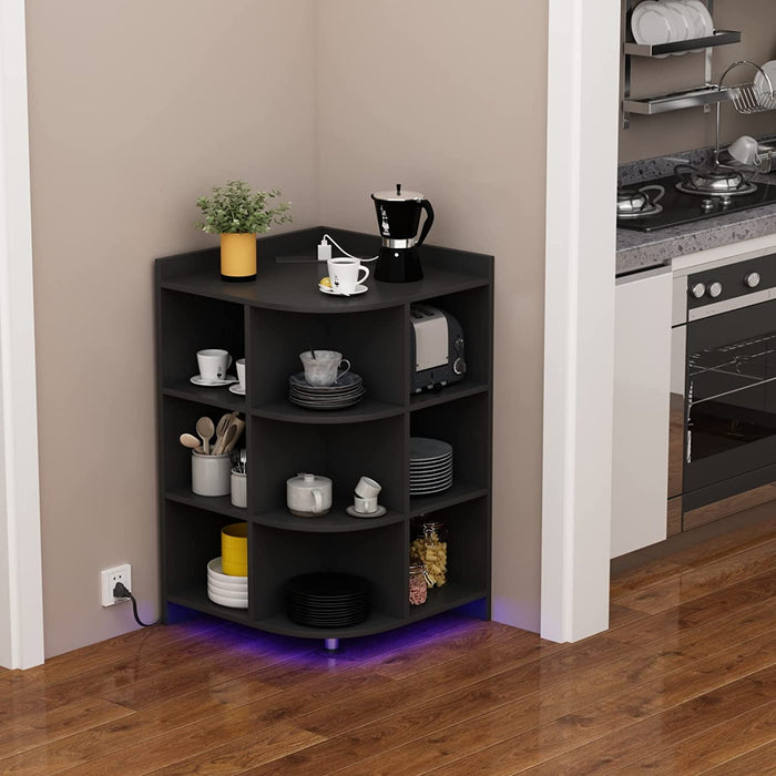 Black Corner Cabinet with Charging, Lights, and Storage