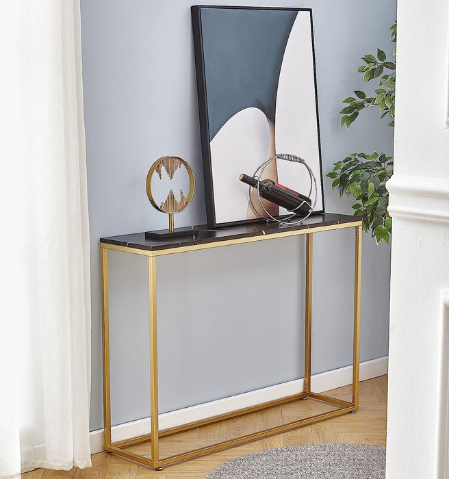 Narrow Faux Marble Console Table with Metal Frame