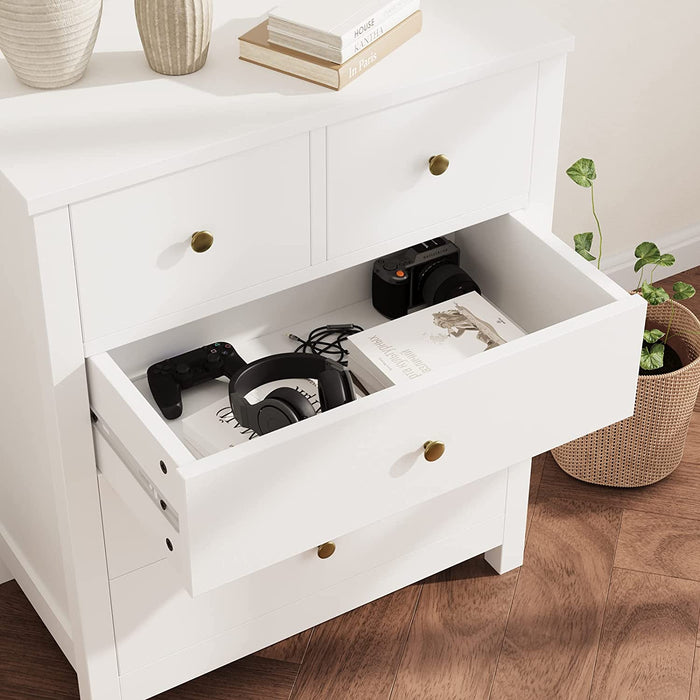 White Wood Nightstand with 5 Drawers