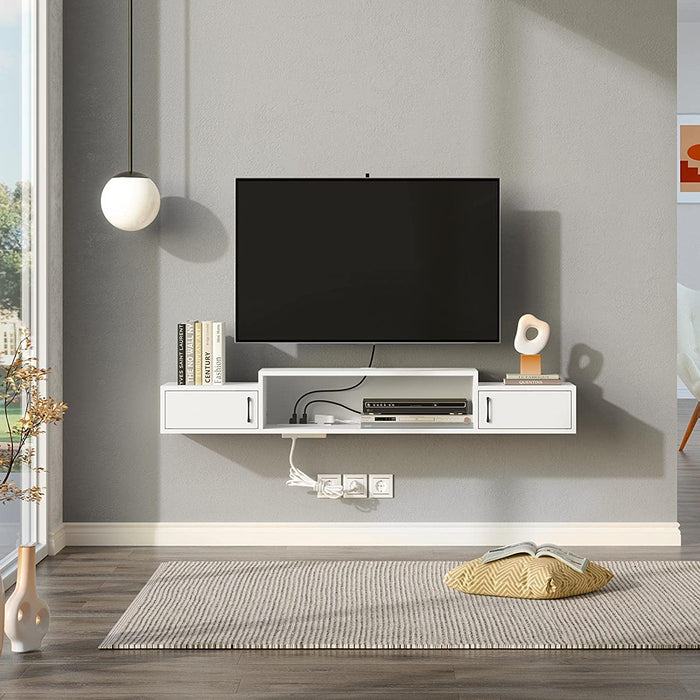 White Floating TV Stand with LED Light and Power Outlet