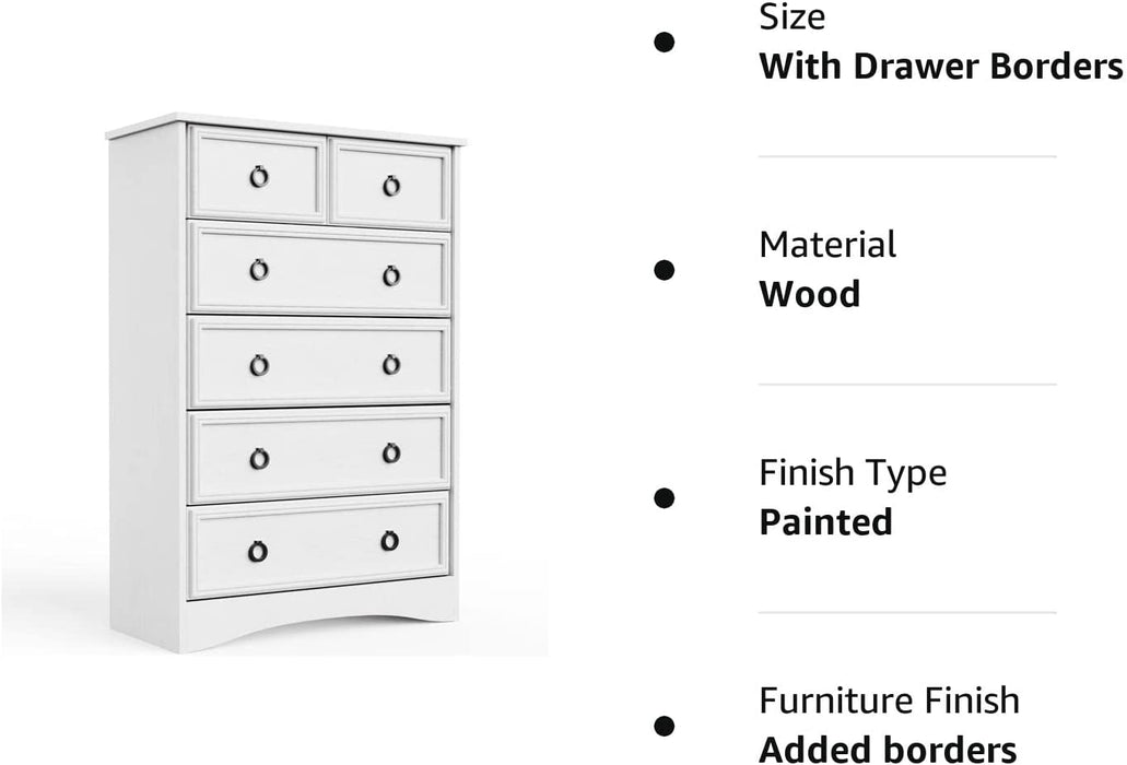 White 6-Drawer Tall Dresser with Textured Borders