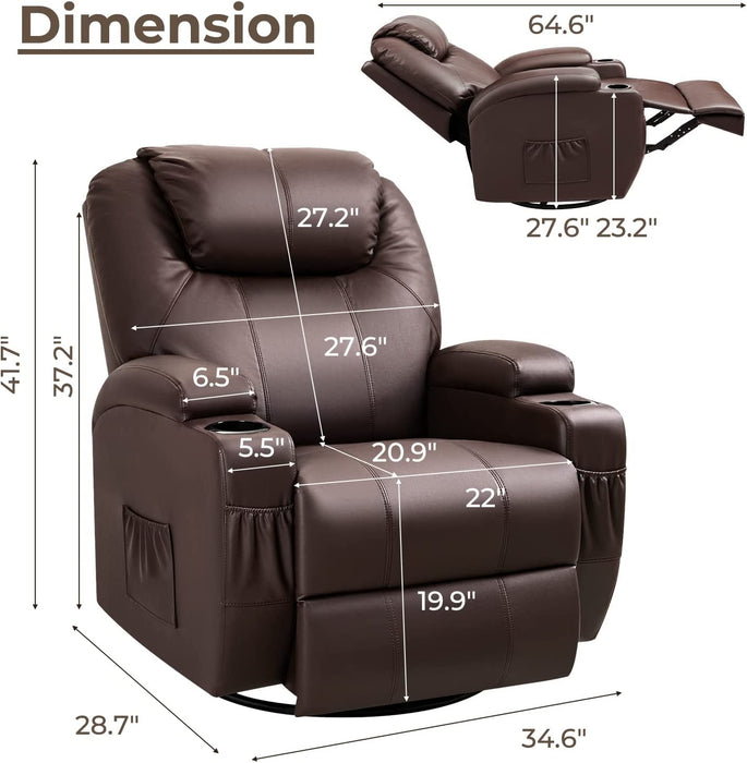 PU Leather Recliner Chair with Massage and Heat (Brown)