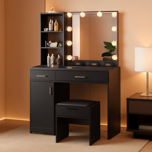 Makeup Vanity Desk with Lighted Mirror, 2 Drawers, Cabinet (Black)