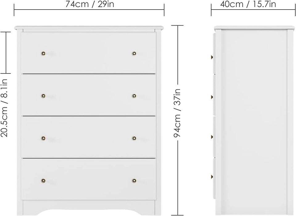 White Dresser, 4 Drawers, Solid Wood Frame