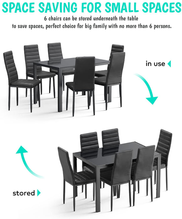 Glass Dining Table Sets for 6, 7 Piece Kitchen Table and Chairs Set