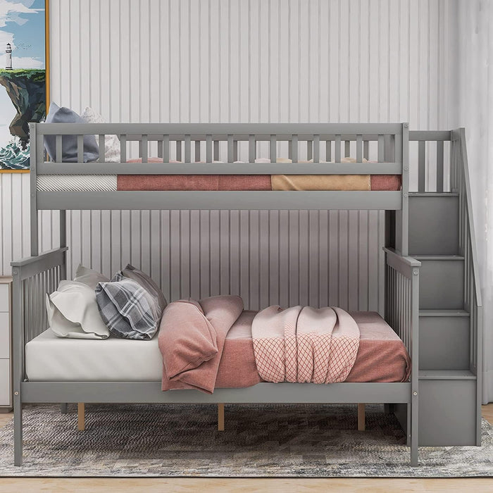 Twin over Full Bunk Bed with Storage Shelves and Guardrail, Grey