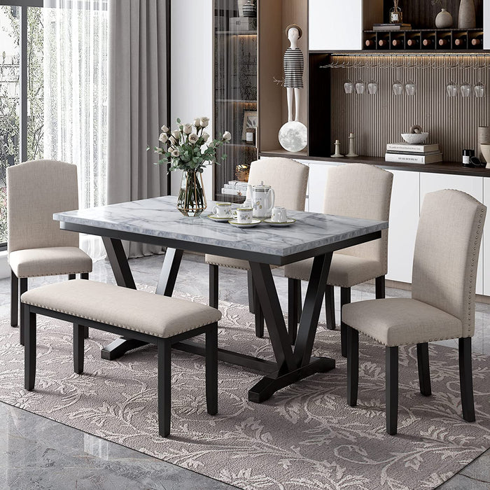 Faux Marble 6 Piece Dining Table Set with Thicken Cushion Chairs and Bench