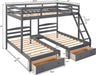 Triple Bunk Bed with 3 Drawers and Guardrails