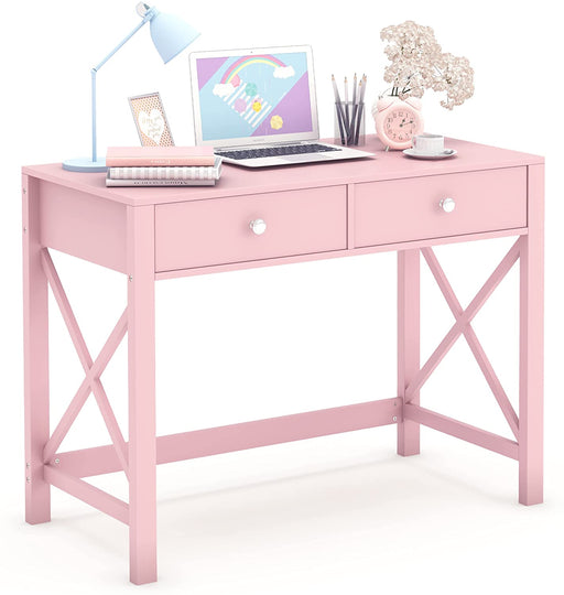 Pink Modern Writing Computer Desk with Drawers