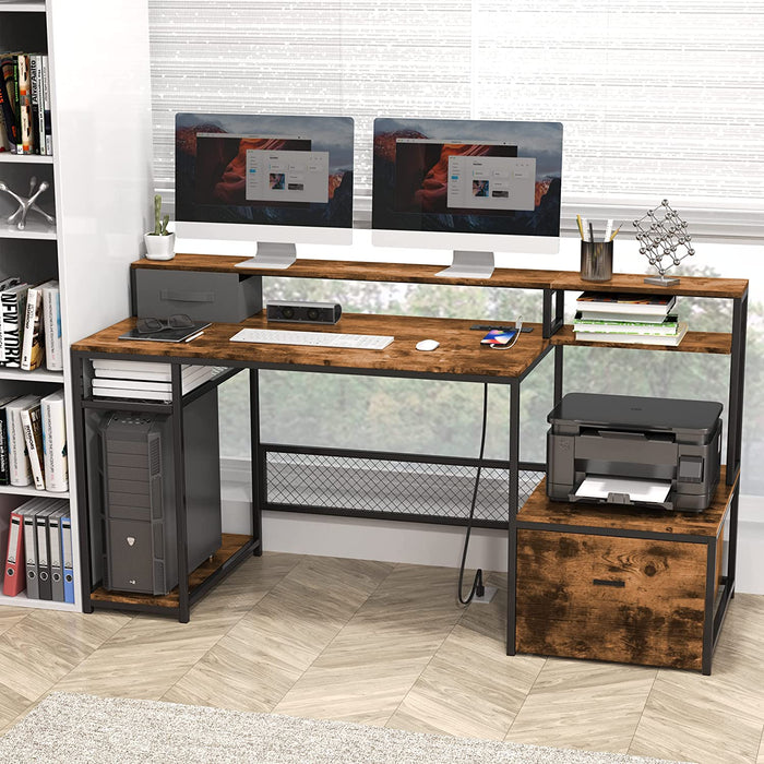 Large Desk with Monitor Stand, Rustic Brown