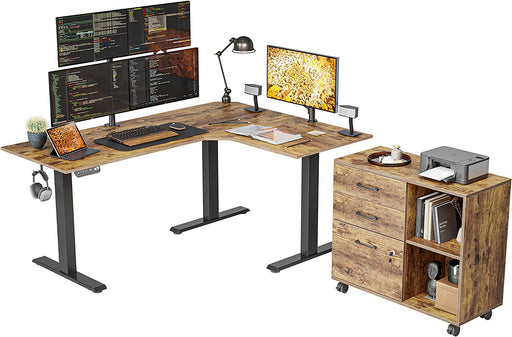 Executive L-Shaped Standing Desk with File Cabinet