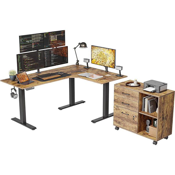 Executive L-Shaped Standing Desk with File Cabinet