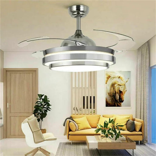 36 Inch Dimmable Ceiling Fan Light Remote 3 Color Retractable Blade Chandelier Lamp, Silver