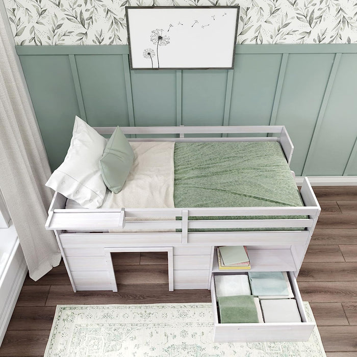 Modern Farmhouse Low Loft Bed with Drawer, White Wash
