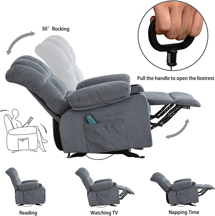 Massage Rocker Recliner with Heat, Fabric, 2 Cup Holders, Pocket