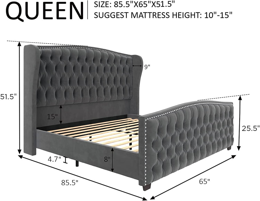 Velvet Queen Platform Bed Frame, Wingback Headboard