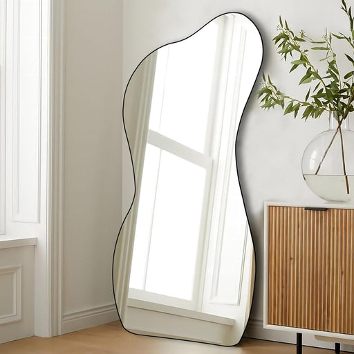 Large Irregular Unique Shaped Mirror, Big Asymmetrical Wall Mirror, Black Modern Wavy Wall Mirror for Living Room Bathroom Bedroom Entryway Decor, 47.2"X22"