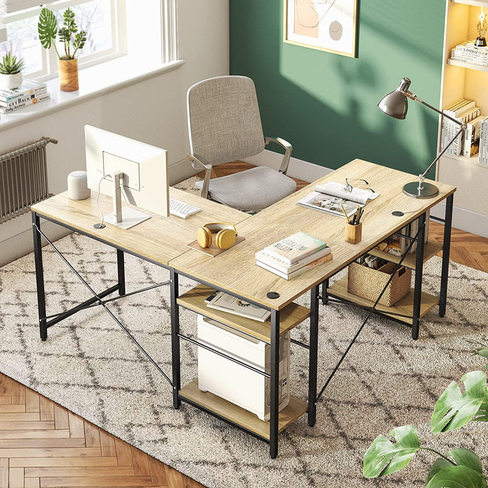 Large Oak L-Shaped Desk with Shelves