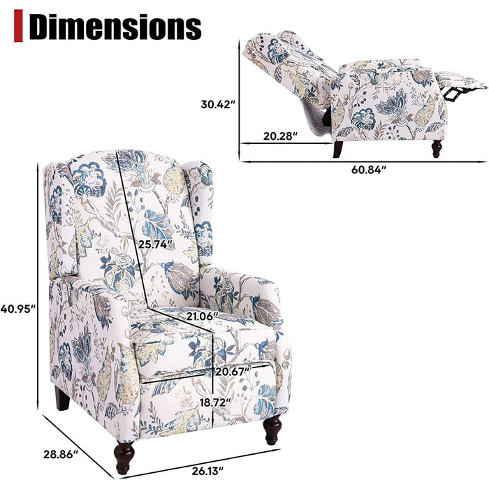 Upholstered Wingback Recliner Chair, Padded, Blue Floral
