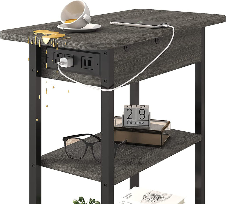 End Table with Charging Station, Flip Top Side Table for Small Spaces, Dark Grey