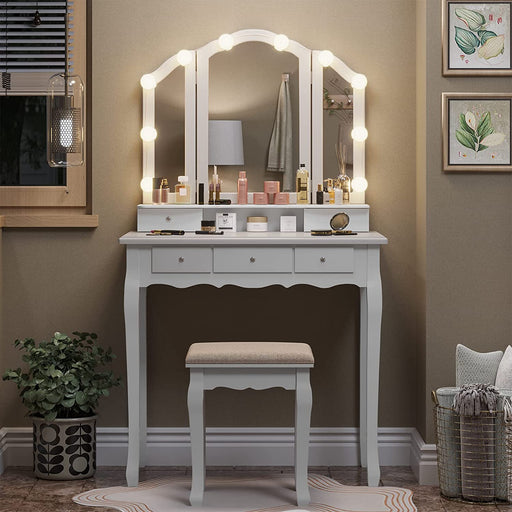 White Vanity Desk with Lighted Mirror and Stool