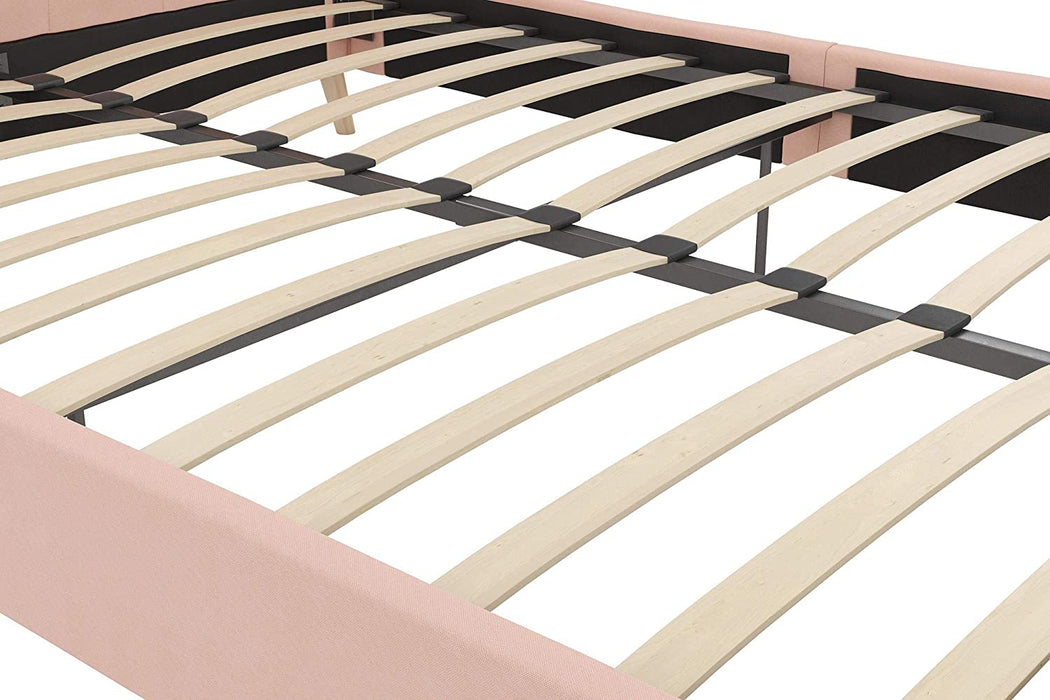 Pink Linen Queen Upholstered Bed Frame W/ Wingback Design