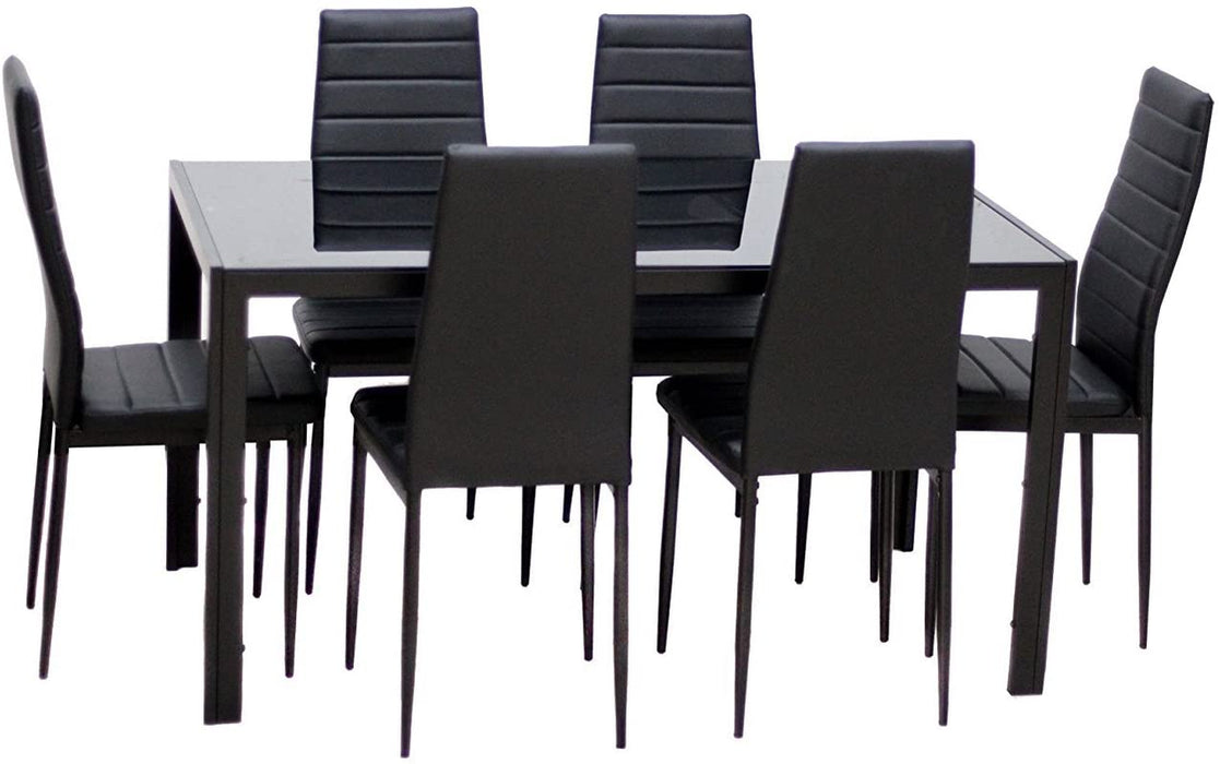 7-Piece Black Dining Set, Glass Top Table, 6 Chairs