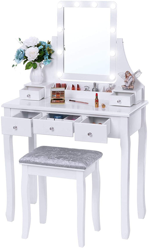 Lighted Makeup Vanity, Dimmable Bulbs, 5 Drawers (White)