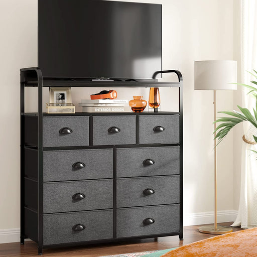 Dark Grey 9-Drawer Fabric Tall Bedroom Dresser