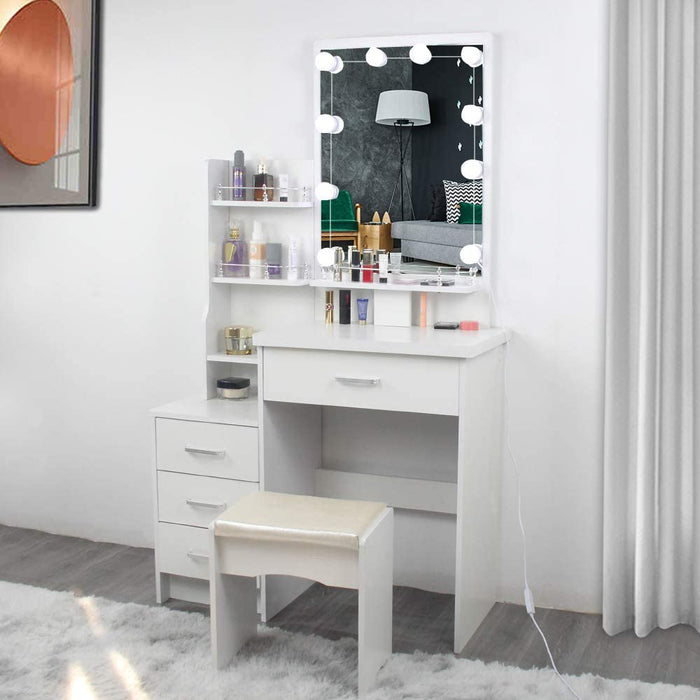 White Vanity Set with Cushioned Stool and Drawers