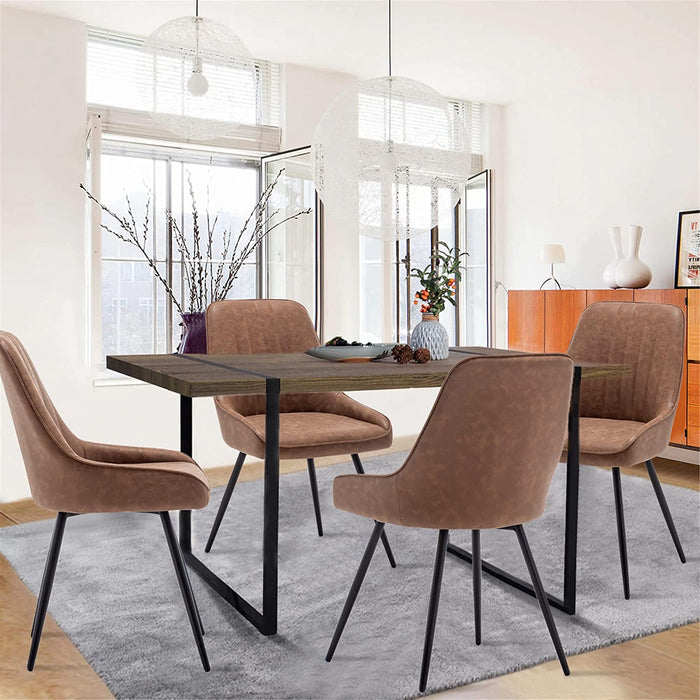 Set of 2 Brown Faux Leather Mid Century Modern Dining Accent Chairs, Metal Legs