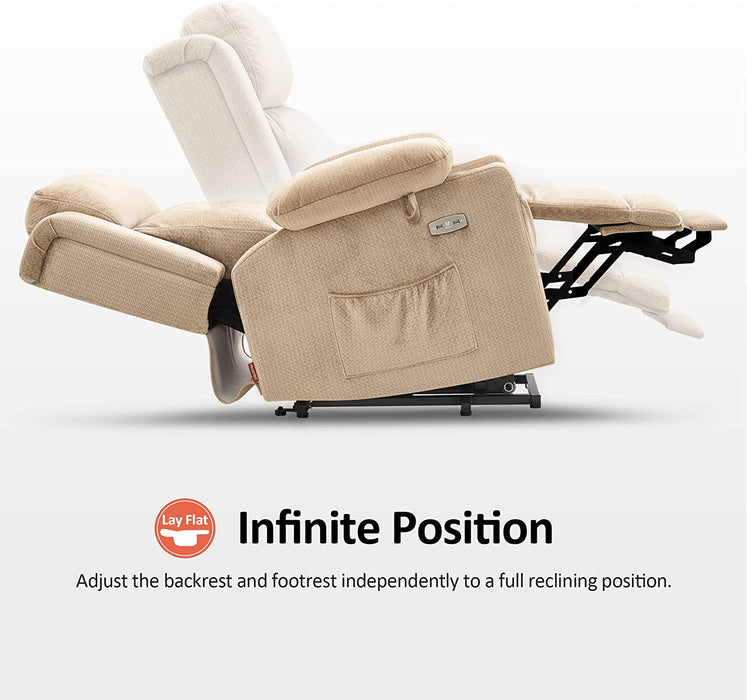 Lay Flat Lift Recliner with Power Headrest, Massage and Heat, Fabric, Beige, Small