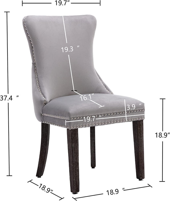 Set of 2 Light Gray Velvet Tufted Wingback Dining Side Chairs, Nailhead, Solid Wood Legs