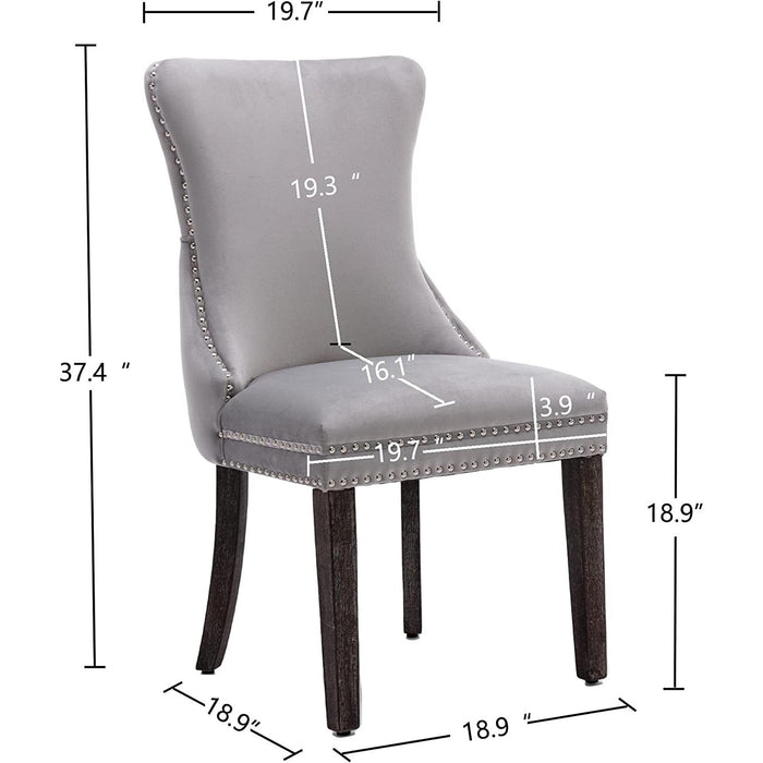 Set of 2 Light Gray Velvet Tufted Wingback Dining Side Chairs, Nailhead, Solid Wood Legs